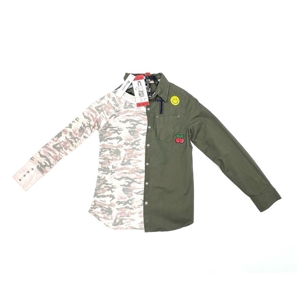 Tractr Girls Medium Long Sleeve Shirt Set Army Green Button Up Pink Tee New NWT - Picture 3 of 10